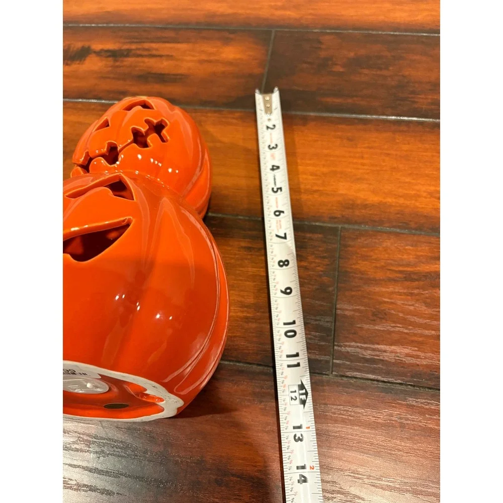 Orange Ceramic Stacked Light Up Pumpkin Jack-O-Lantern Gold Stem 12.5in Decor